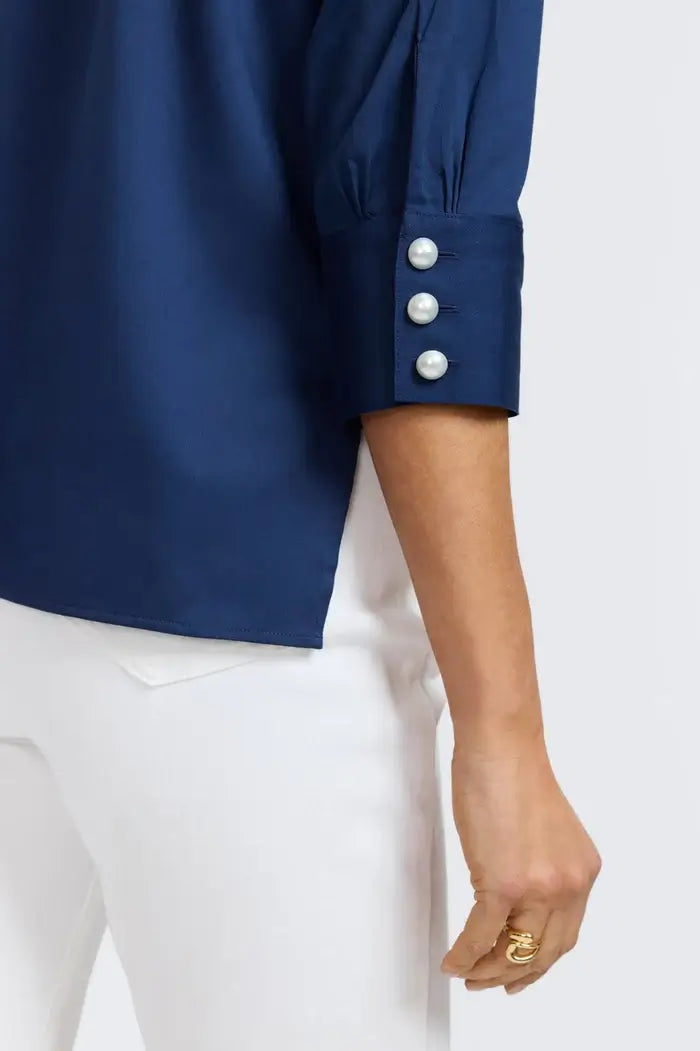 Cuff Sleeve Detail of the Foxcroft Pearl Sateen Shirt in Navy.