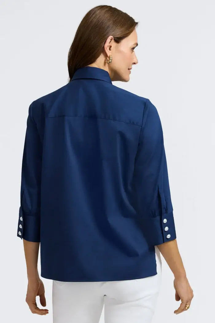 Back View of the Foxcroft Pearl Sateen Shirt in Navy.