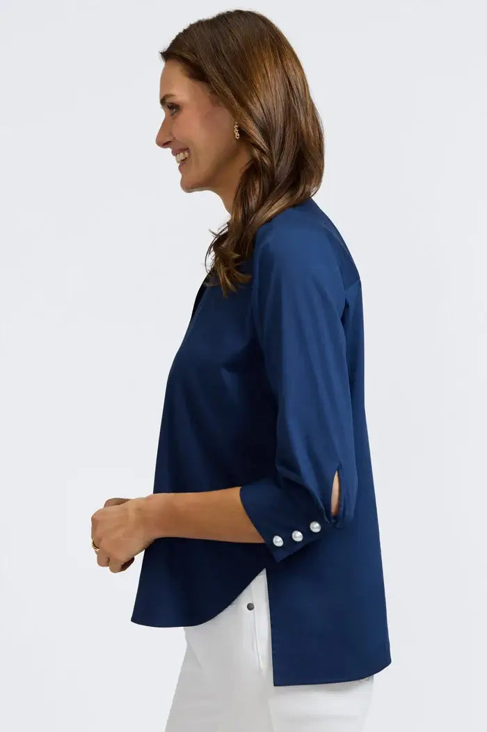 Side View of the Foxcroft Pearl Sateen Shirt in Navy.