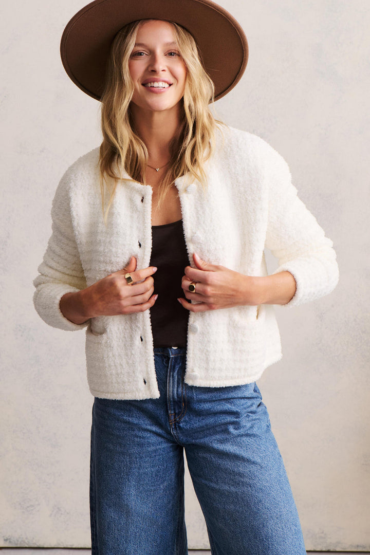 Barefoot Dreams Textured Button Front Cardigan in Pearl - Mildred Hoit