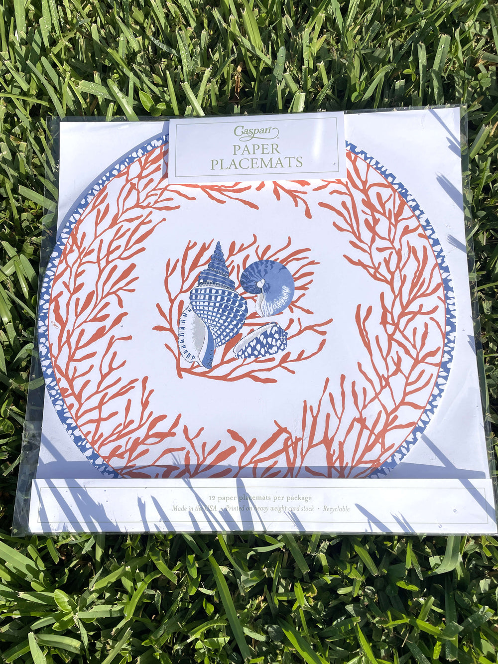 Caspari Shell Toile Paper Placemats in Coral and Blue - Mildred Hoit