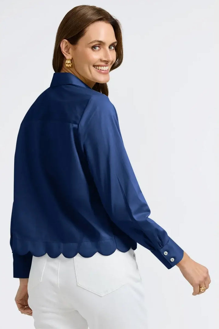 Back of Foxcroft Scarlett Sateen Shirt in Navy.