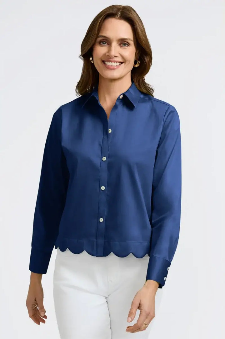 Foxcroft Scarlett Sateen Shirt in Navy available at Mildred Hoit in Palm Beach.