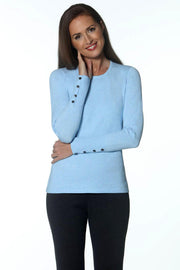 Crew Neck Knit Sweater in Sky available at Mildred Hoit in Palm Beach.