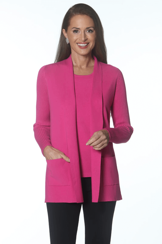 Ribbed Sleeve Cardigan in Flamingo - Mildred Hoit