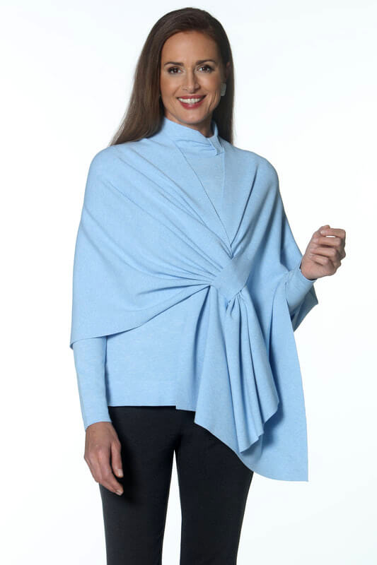 Knit Shawl in Sky available at Mildred Hoit in Palm Beach.