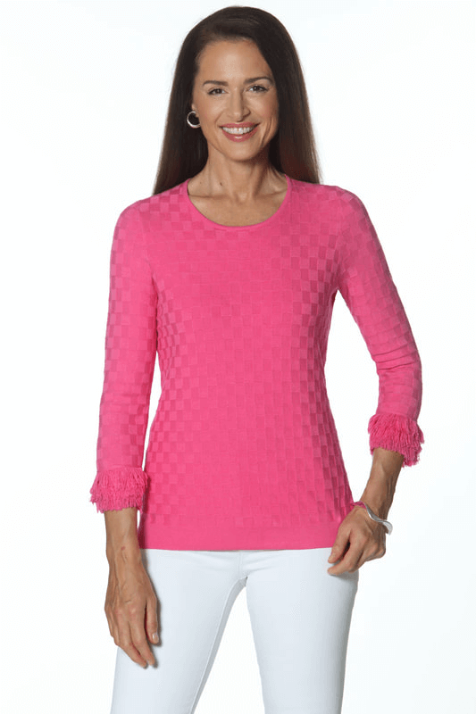 Cerise Pink Textured Sweater with Fringe Sleeve Detail