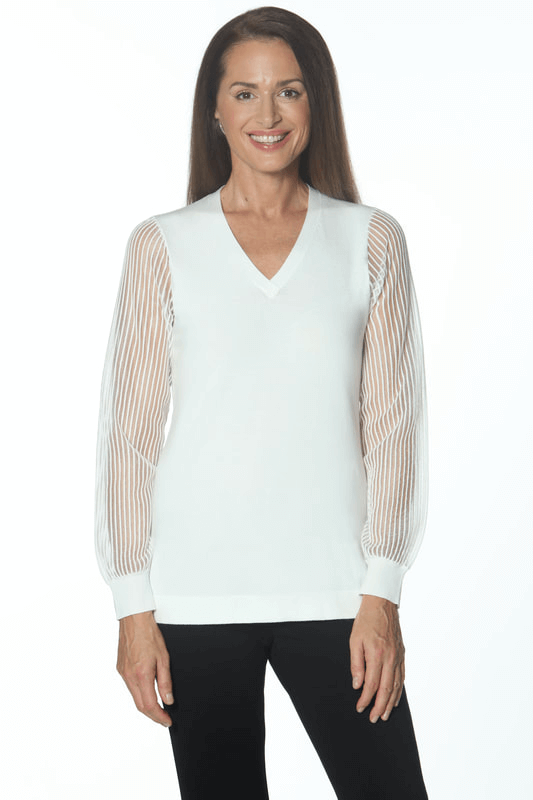 White V-Neck Top with Organza Sleeve Detail available at Mildred Hoit in Palm Beach.