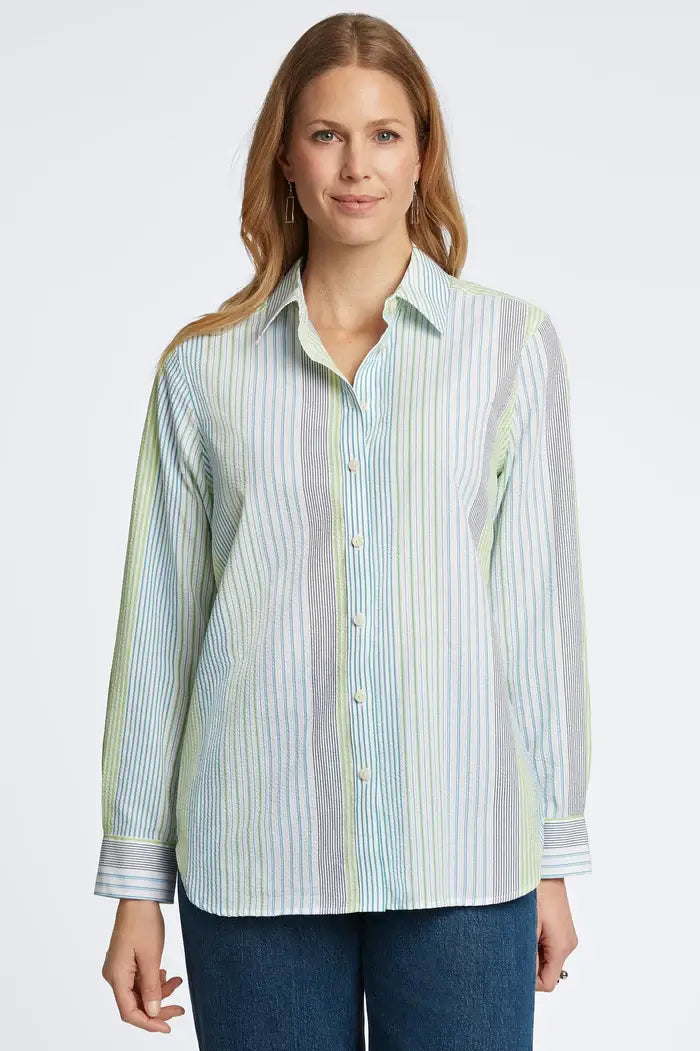 Foxcroft Boyfriend Seersucker Stripe Tunic available at Mildred Hoit in Palm Beach.