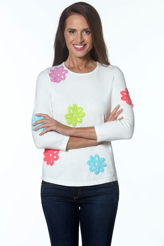 White Cotton Sweater with Floral Detail - Mildred Hoit