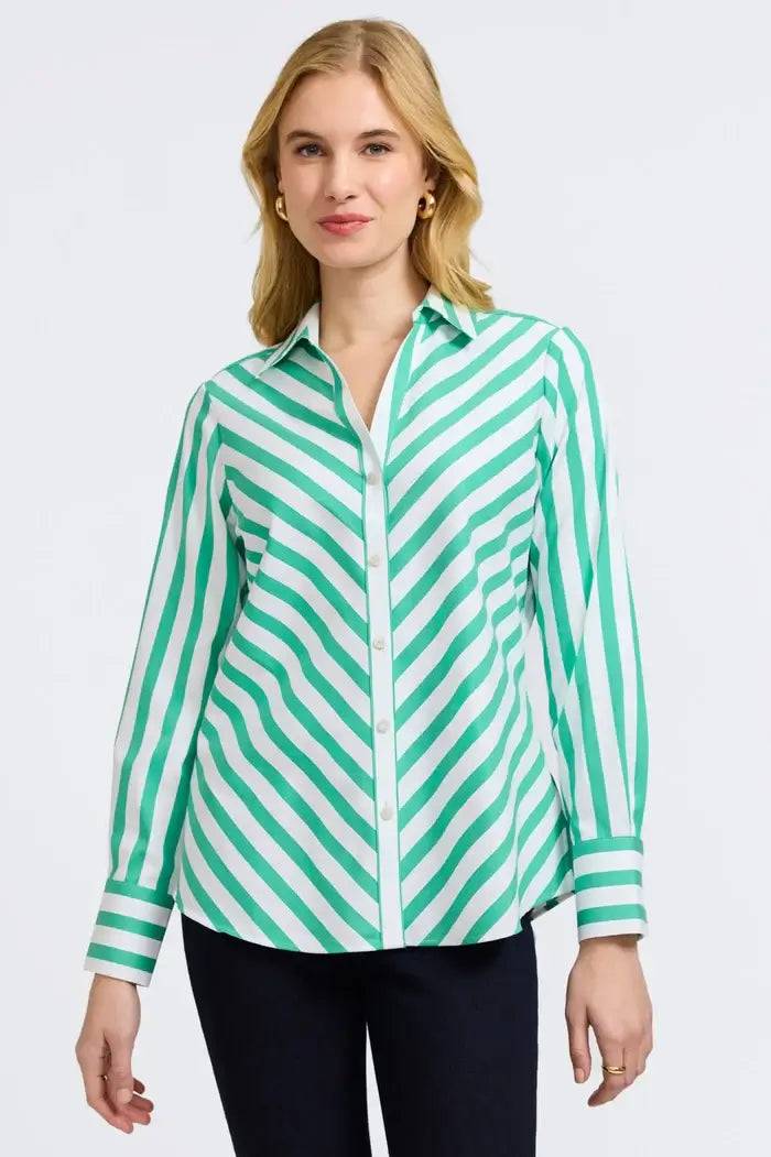 Foxcroft Mary Stripe Shirt in Green available at Mildred Hoit in Palm Beach.