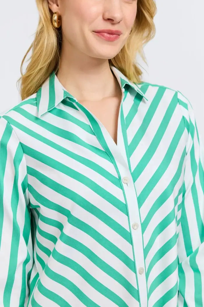 Front Detail View of Foxcroft Mary Stripe Shirt in Green.