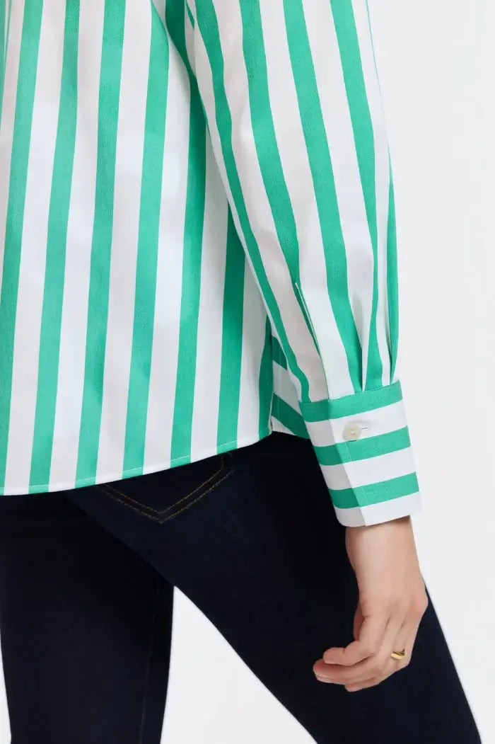 Sleeve Detail of Foxcroft Mary Stripe Shirt in Green.