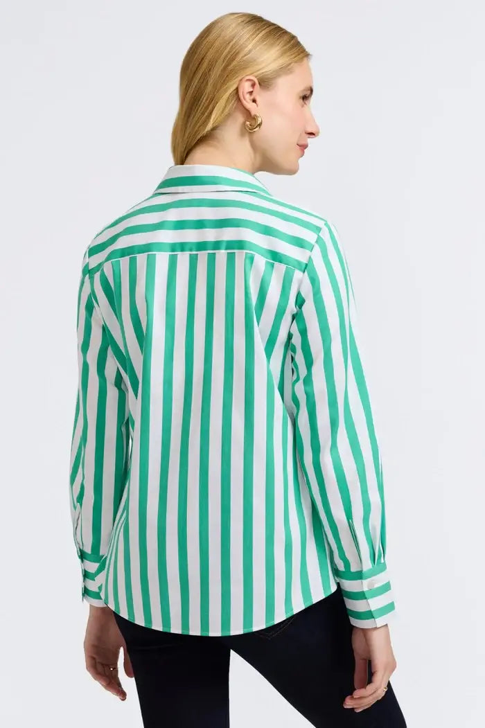 Back View of Foxcroft Mary Stripe Shirt in Green.