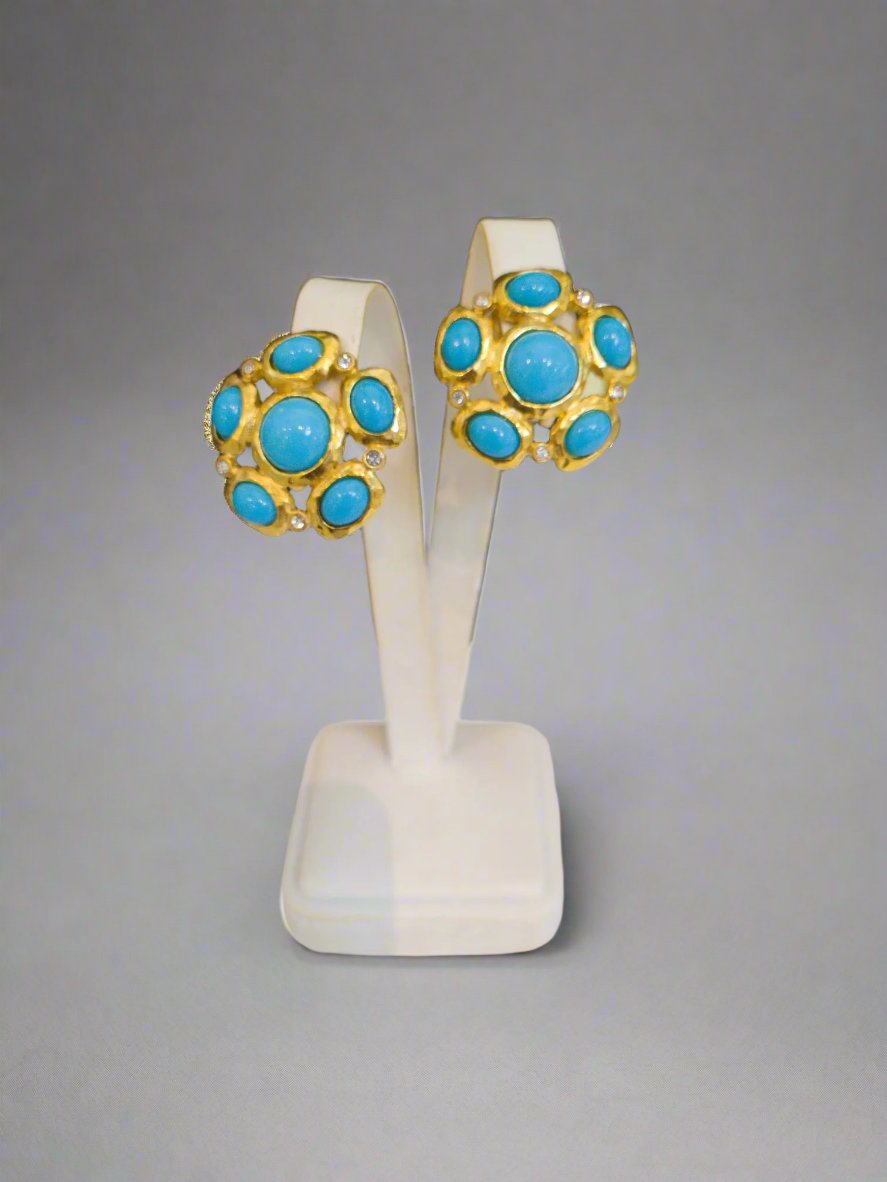 Kenneth Jay Lane Gold Earring with Turquoise Cabochons - Mildred Hoit