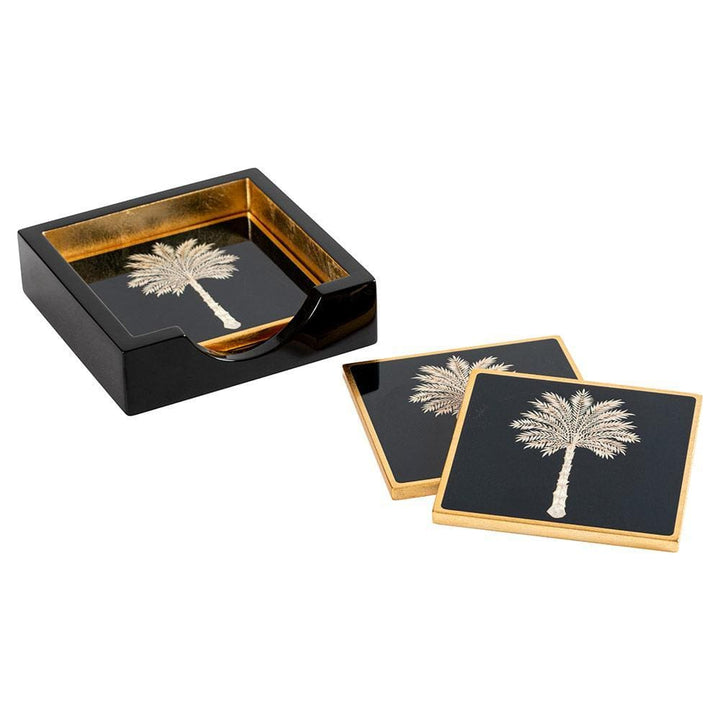 Caspari Grand Palms Black Lacquer Coasters - Set Of 4 Coasters In Holder