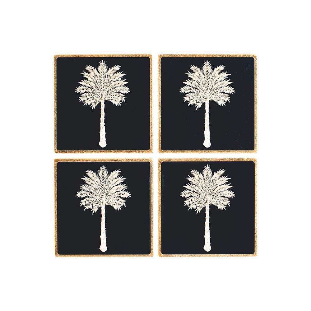 Caspari Grand Palms Black Lacquer Coasters - Set Of 4 Coasters In Holder