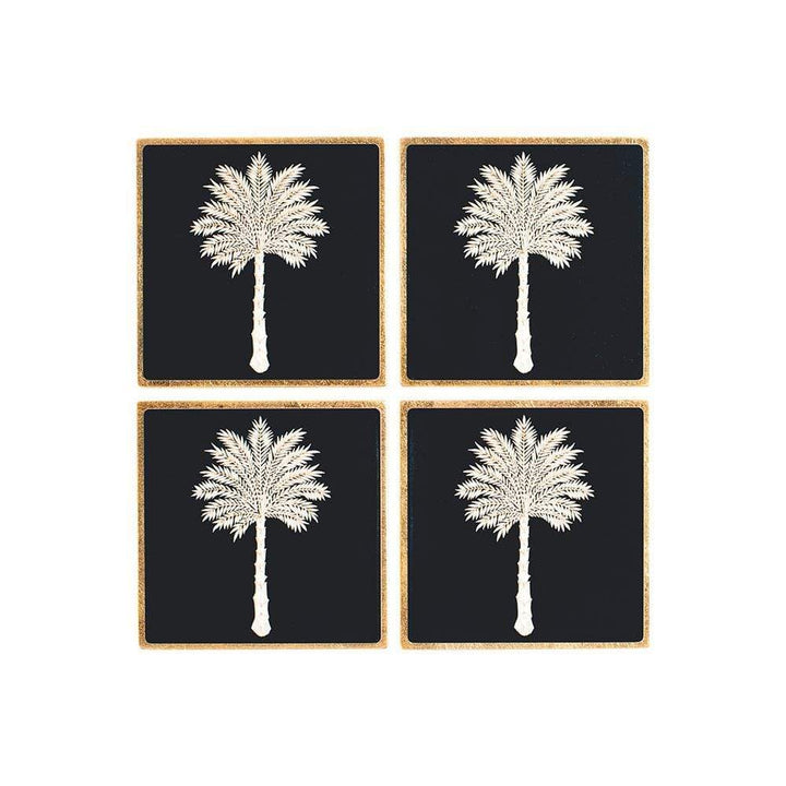 Caspari Grand Palms Black Lacquer Coasters - Set Of 4 Coasters In Holder