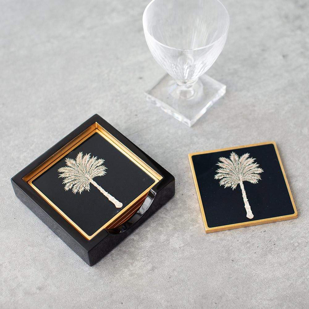Caspari Grand Palms Black Lacquer Coasters - Set Of 4 Coasters In Holder