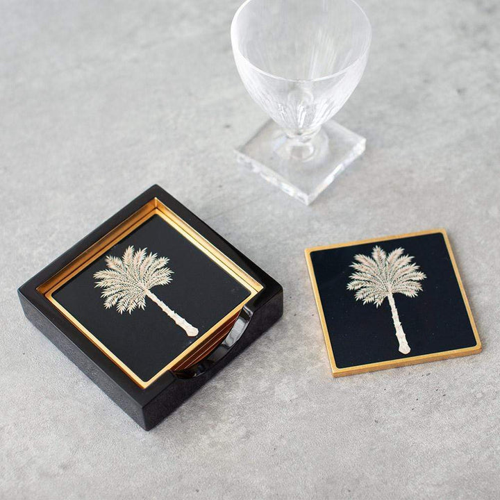 Caspari Grand Palms Black Lacquer Coasters - Set Of 4 Coasters In Holder