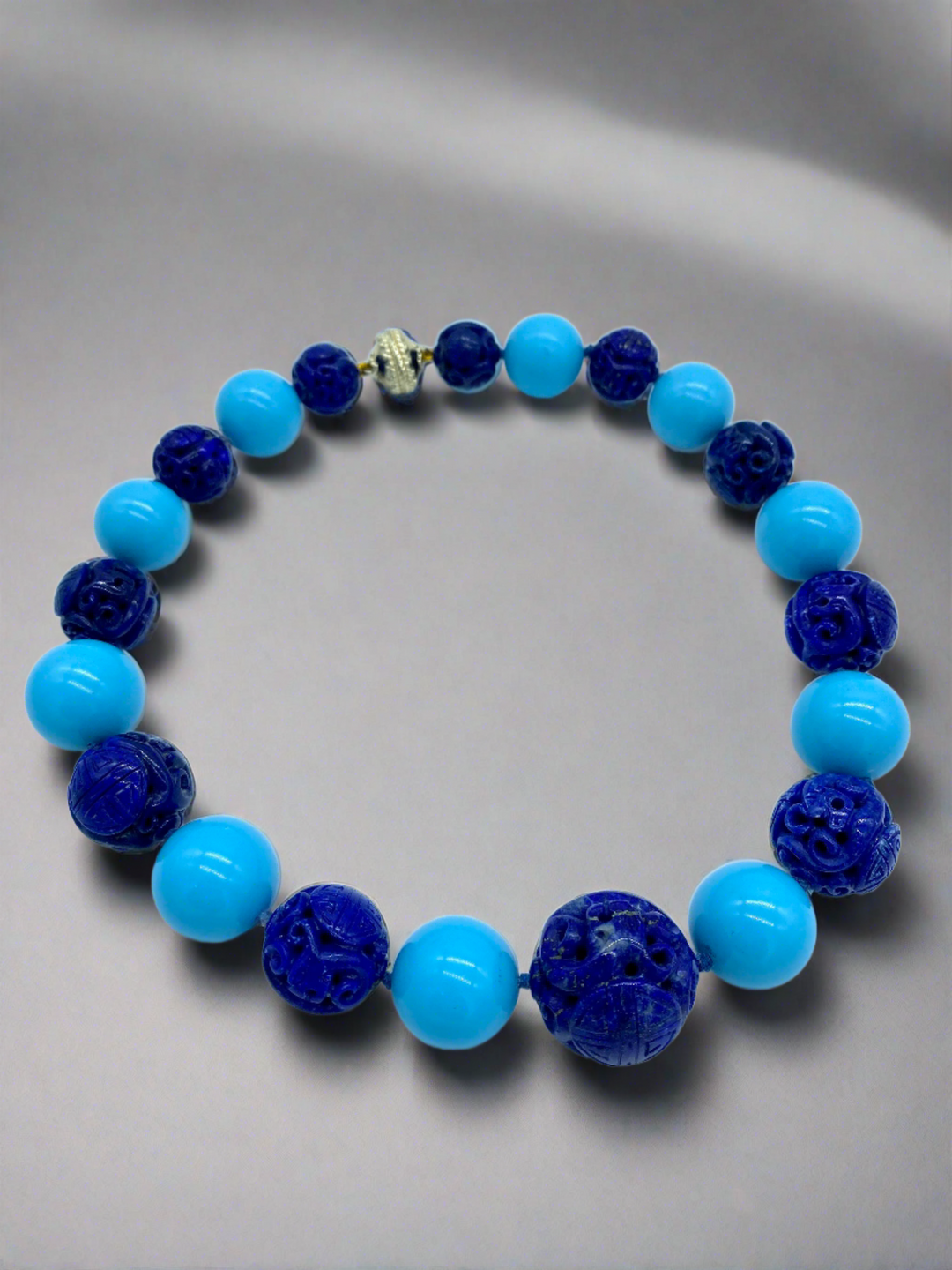 Reconstituted Turquoise and Carved Lapis Necklace - Mildred Hoit