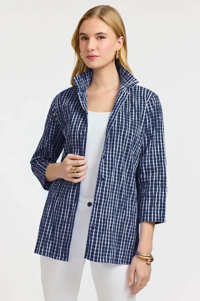 Model wearing the Foxcroft Carolina Crinkle Shirt Jacket in Navy and White.