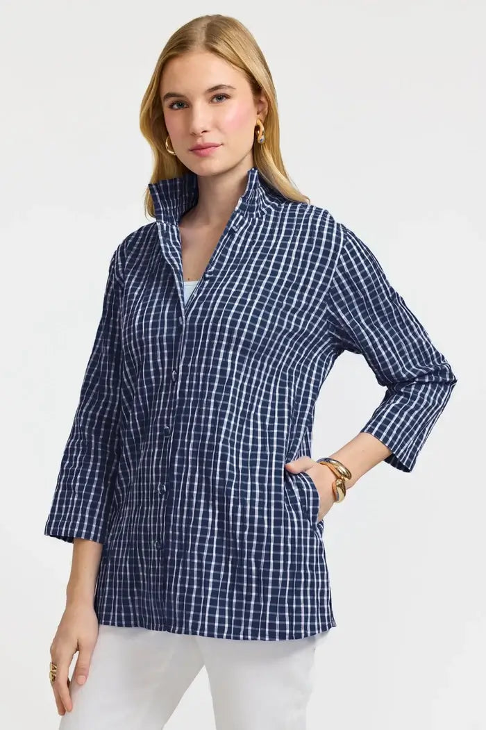 Foxcroft Carolina Crinkle Shirt Jacket in Navy and White available at Mildred Hoit in Palm Beach.