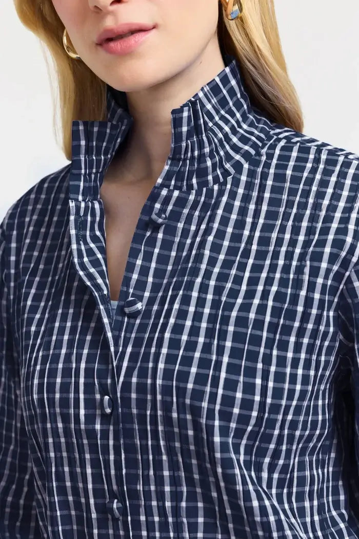 Front Detail View of Foxcroft Carolina Crinkle Shirt Jacket in Navy and White.