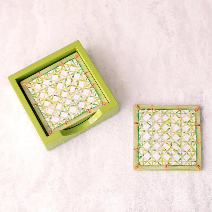 Caspari Trellis Square Lacquer Coaster in Holder - Set of 4