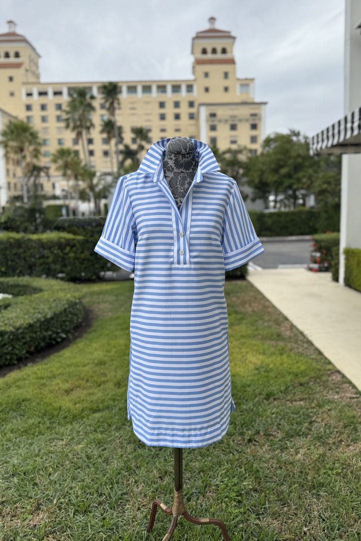 Hinson Wu Aileen Short Sleeve Stripe/Gingham Dress in Blue and White