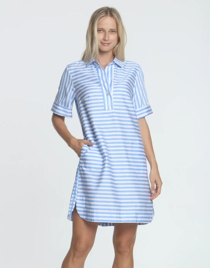 Hinson Wu Aileen Short Sleeve Stripe/Gingham Dress in Blue and White