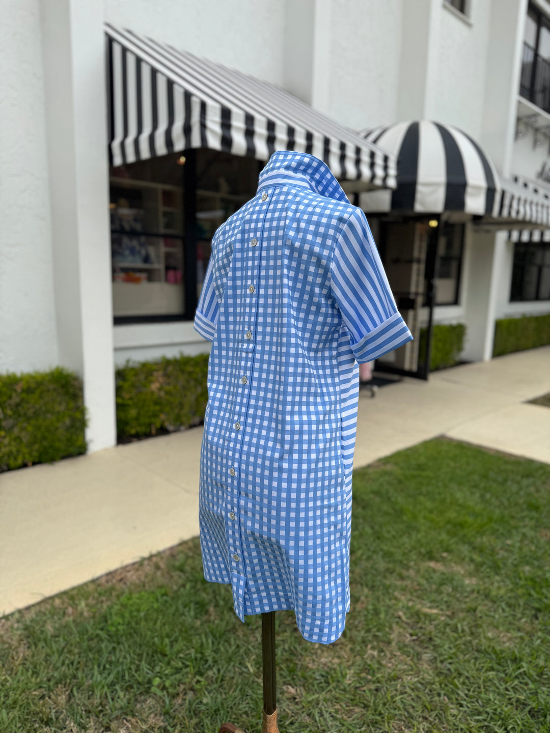 Hinson Wu Aileen Short Sleeve Stripe/Gingham Dress in Blue and White