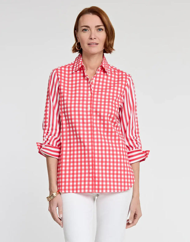 Hinson Wu Zoey Coral and White Blouse available at Mildred Hoit in Palm Beach.