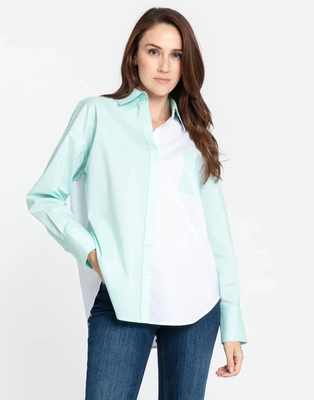 Hinson Wu Larissa Long Sleeve Color Block Tunic in Mint and White - Mildred Hoit