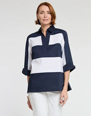 Hinson Wu Vicky Blouse in Navy and White available at Mildred Hoit in Palm Beach.