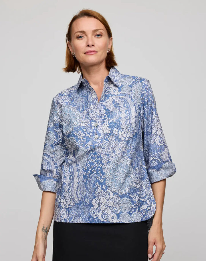 Hinson Wu Aileen Blouse in Blue and Ecru