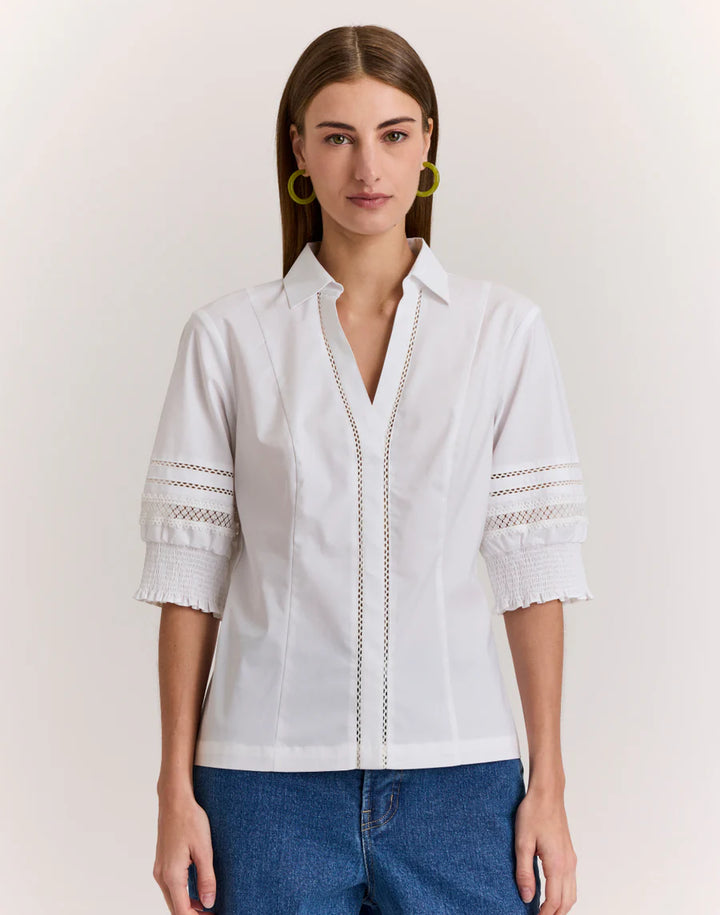 Hinson Wu Nicky Elbow Sleeve Woven/Knit Top in White - Mildred Hoit