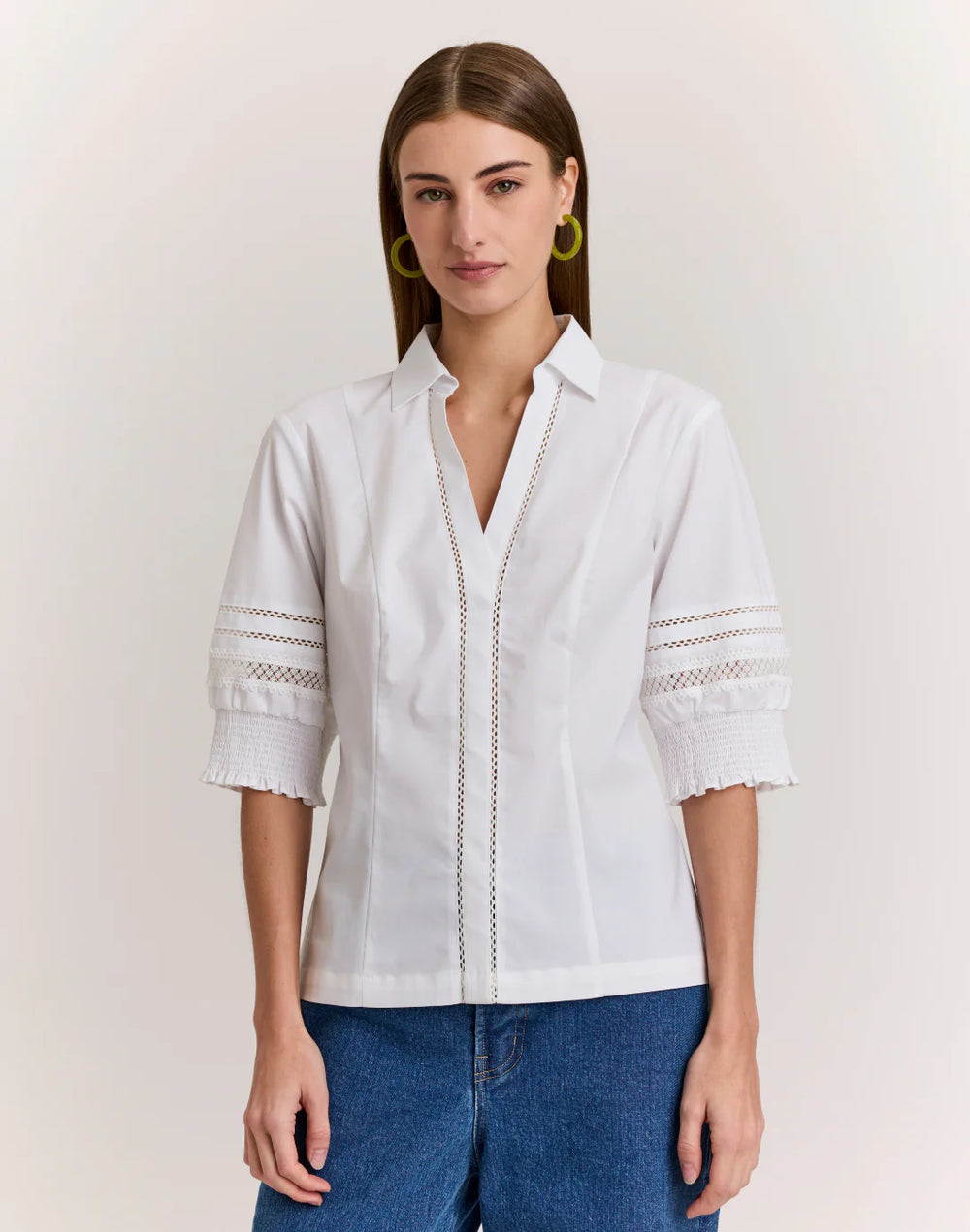 Hinson Wu Nicky Elbow Sleeve Woven/Knit Top in White - Mildred Hoit