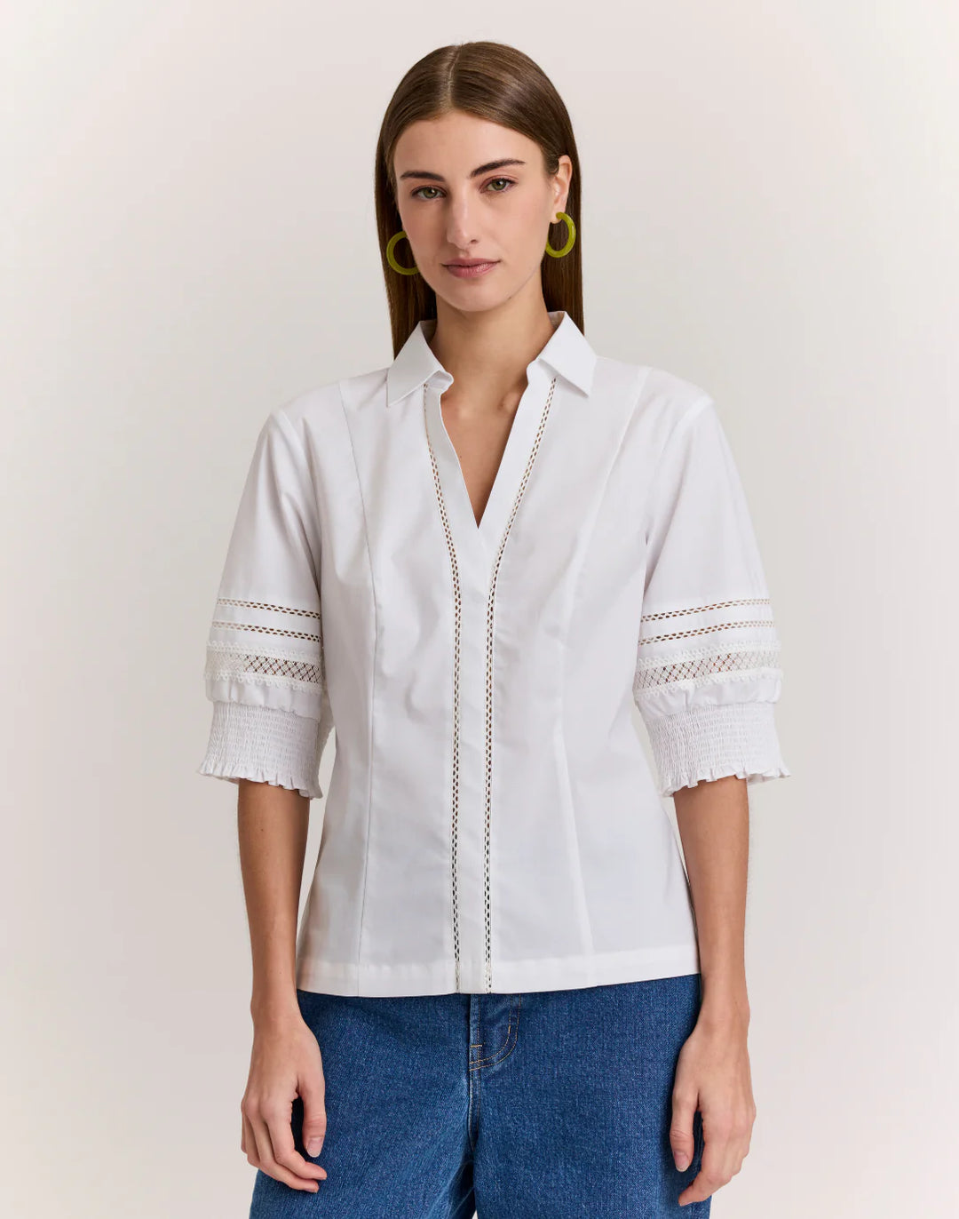 Hinson Wu Nicky Elbow Sleeve Woven/Knit Top in White - Mildred Hoit