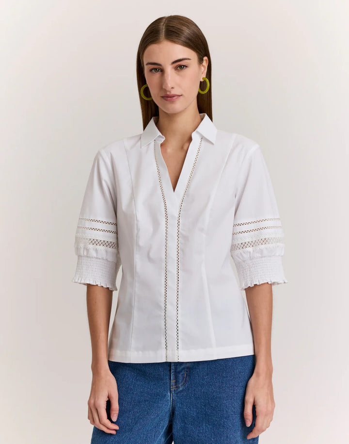 Hinson Wu Nicky Elbow Sleeve Woven/Knit Top in White - Mildred Hoit