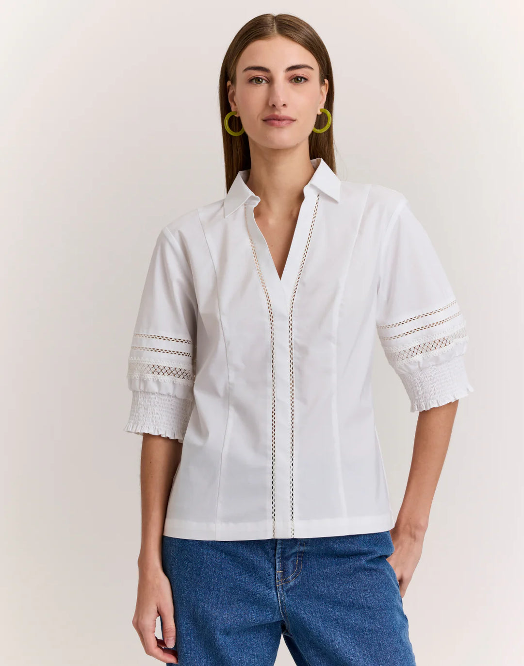Hinson Wu Nicky Elbow Sleeve Woven/Knit Top in White - Mildred Hoit