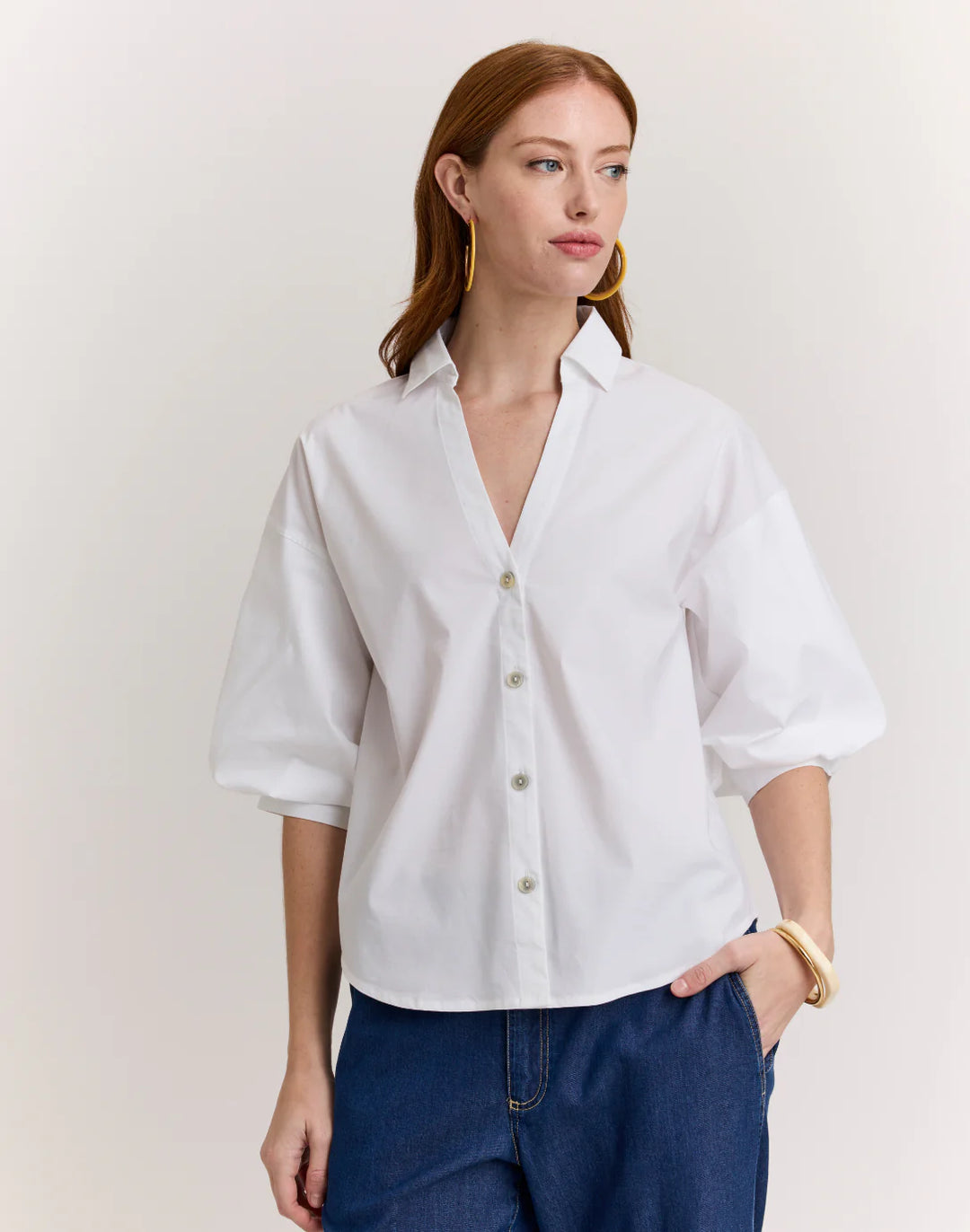 Hinson Wu Lilian Elbow Sleeve Shirt in White - Mildred Hoit