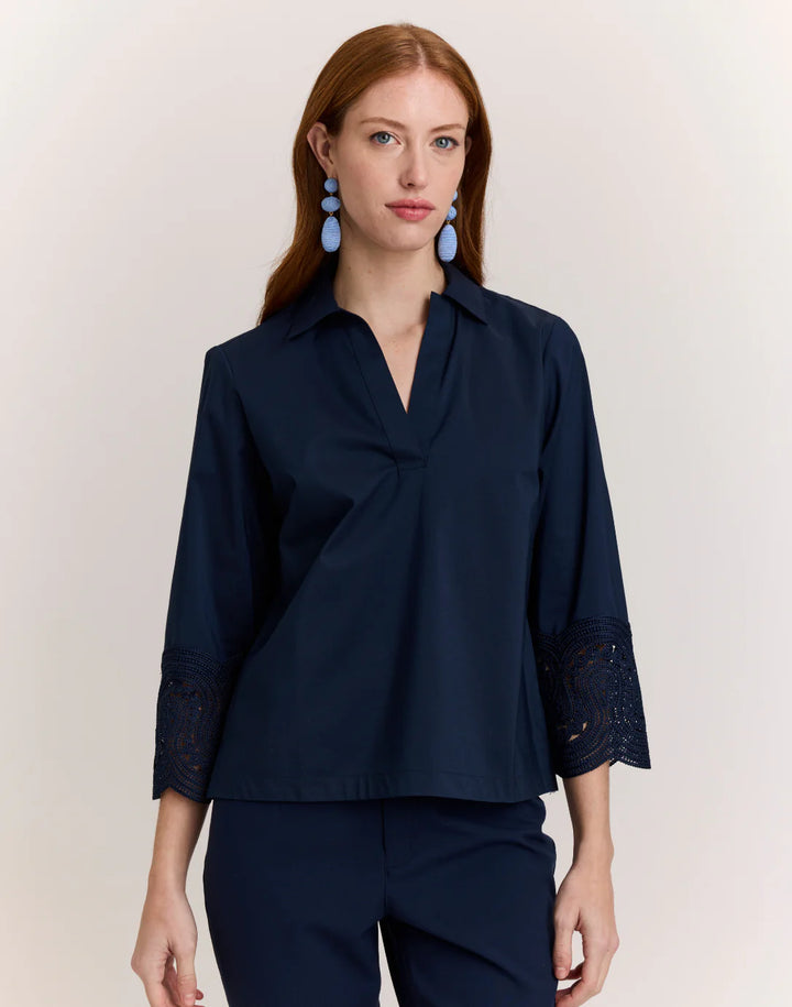 Hinson Wu Mona Bracelet Sleeve Lace Top in Navy - Mildred Hoit