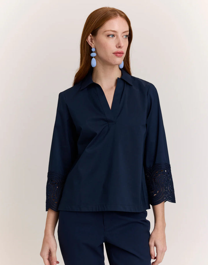 Hinson Wu Mona Bracelet Sleeve Lace Top in Navy - Mildred Hoit