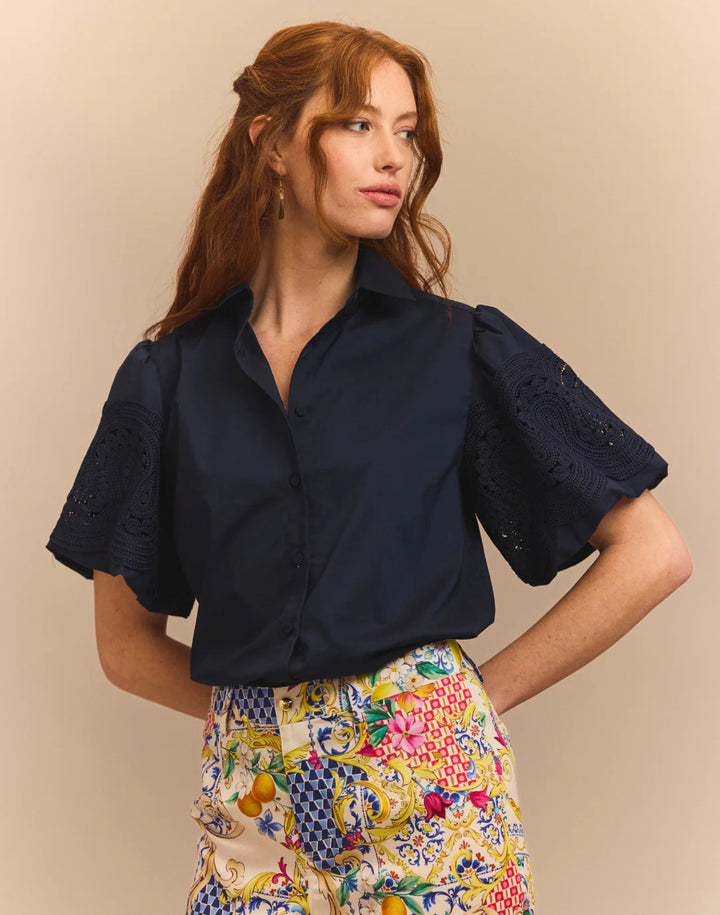 Hinson Wu Angelina Elbow Sleeve Lace Shirt in Navy - Mildred Hoit