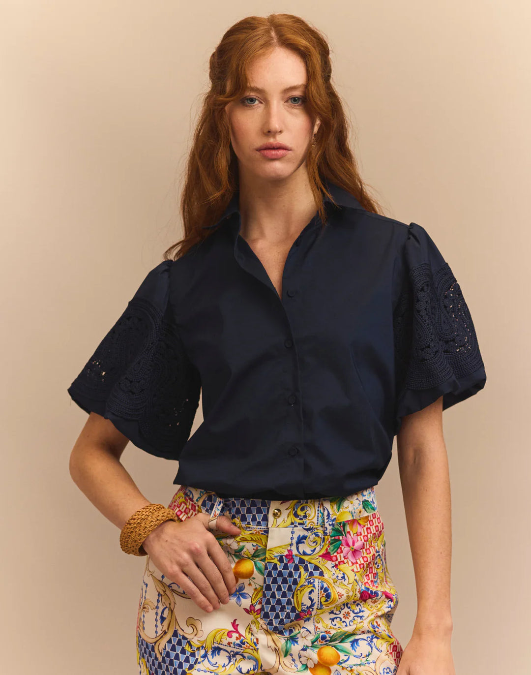 Hinson Wu Angelina Elbow Sleeve Lace Shirt in Navy - Mildred Hoit