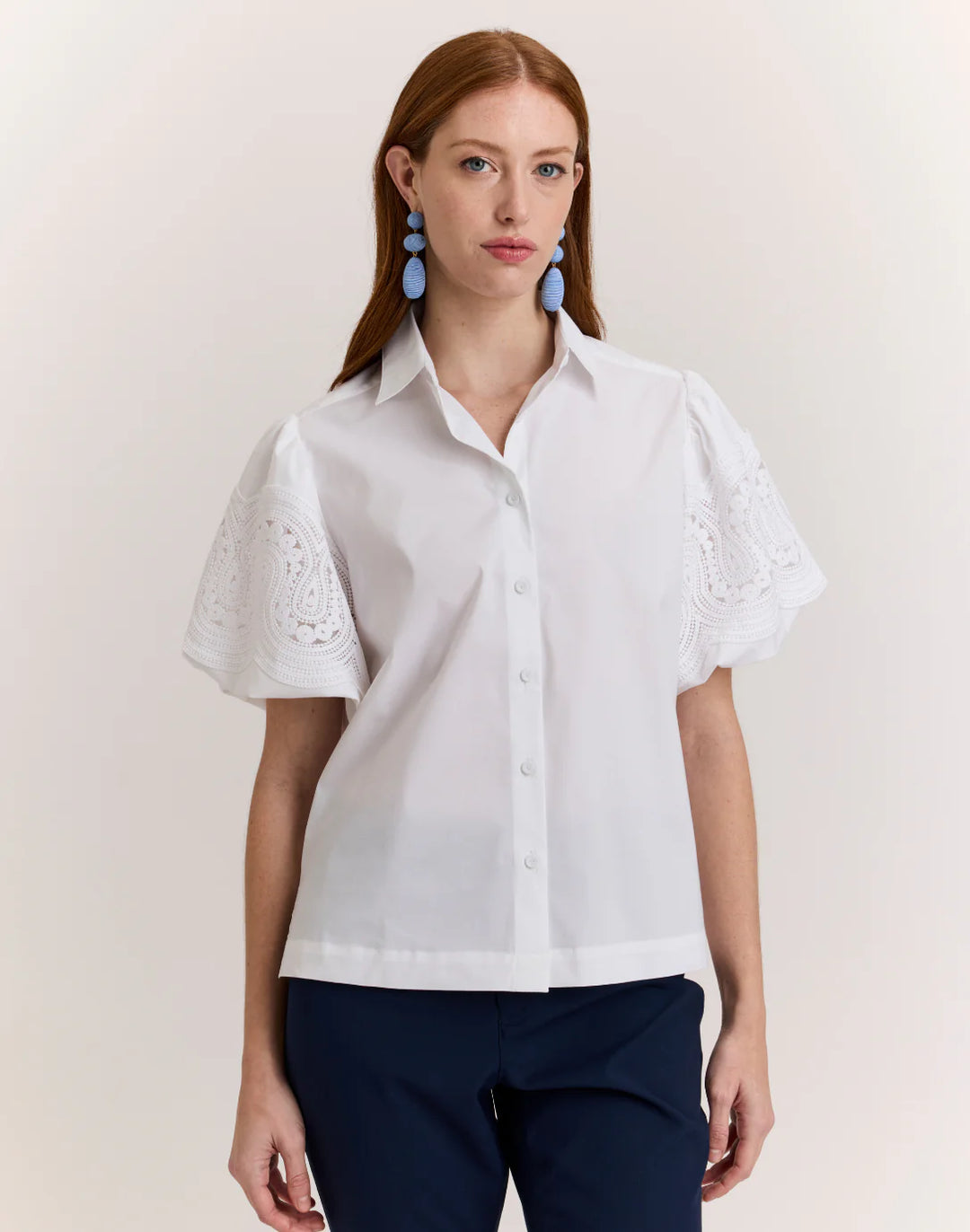 Hinson Wu Angelina Elbow Sleeve Lace Shirt in White - Mildred Hoit