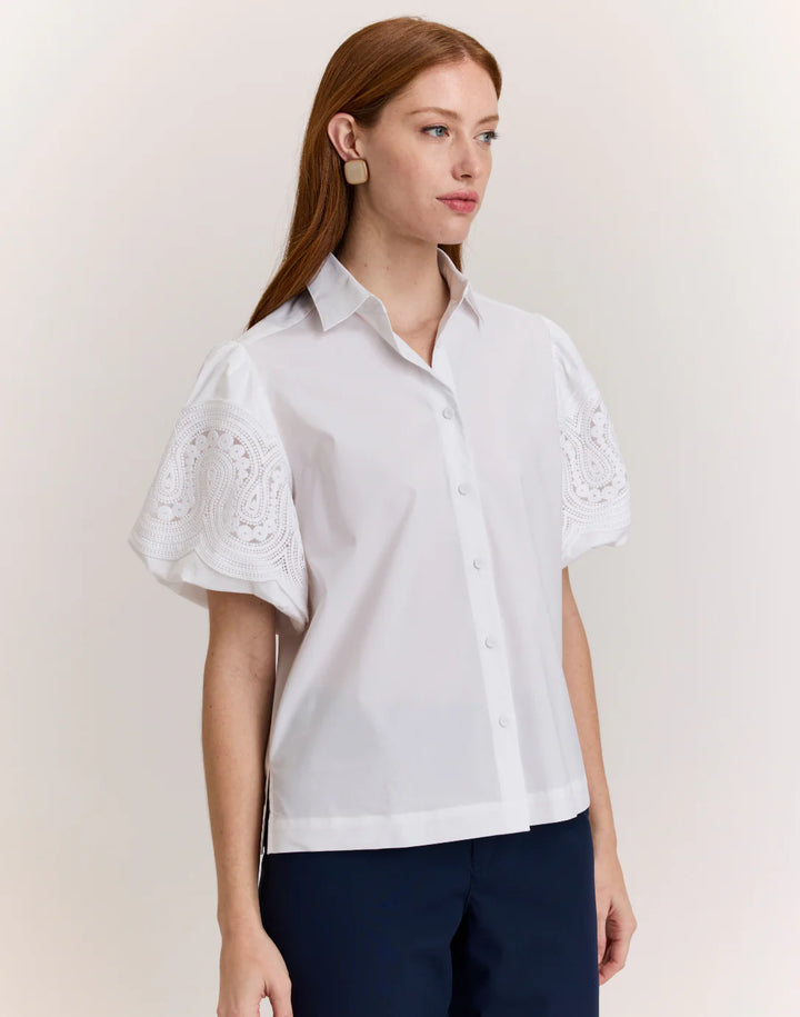 Hinson Wu Angelina Elbow Sleeve Lace Shirt in White - Mildred Hoit