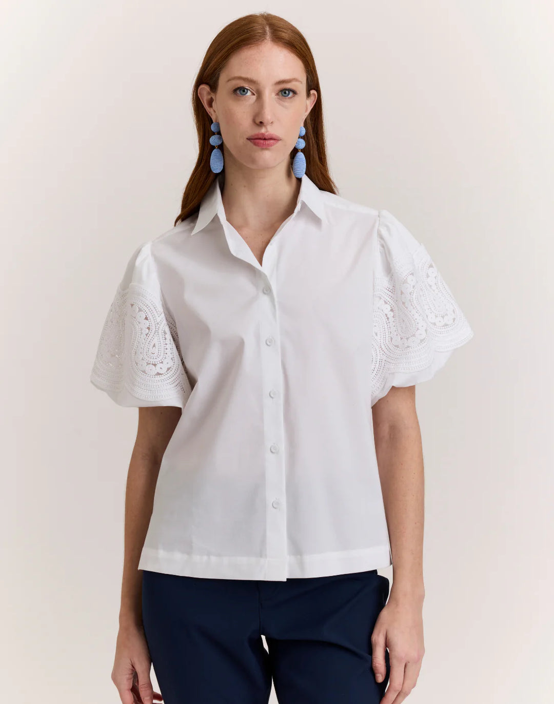 Hinson Wu Angelina Elbow Sleeve Lace Shirt in White - Mildred Hoit