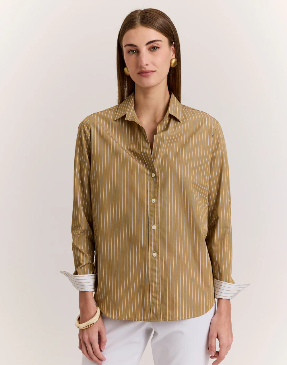 Hinson Wu Esther Pencil Stripe Shirt in Khaki & White - Mildred Hoit